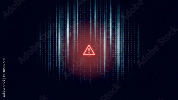 Fototapeta 赤い警告アイコンがきらめき、デジタルコードの雨がさらさら流れるサイバー空間を表現。危機感と未来への強さや回復力を感じさせ、セキュリティ関連の広告