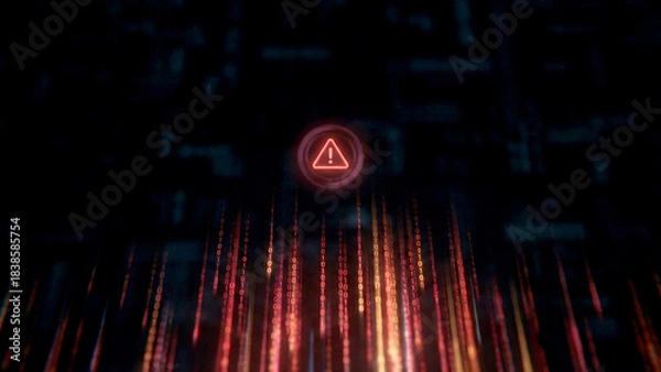 Fototapeta 赤い警告アイコンがきらめき、デジタルコードの雨がさらさら流れるサイバー空間を表現。危機感と未来への強さや回復力を感じさせ、セキュリティ関連の広告