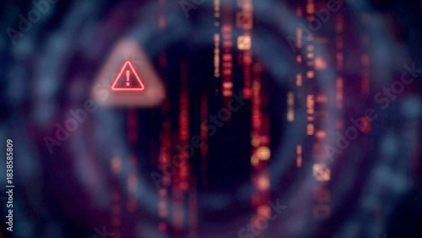 Fototapeta 赤い警告アイコンがきらめき、デジタルコードの雨がさらさら流れるサイバー空間を表現。危機感と未来への強さや回復力を感じさせ、セキュリティ関連の広告