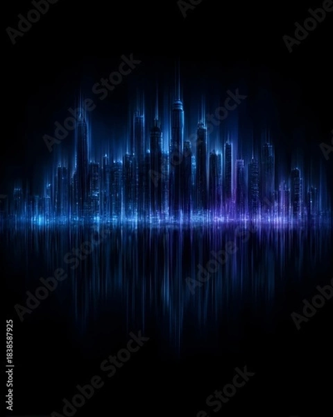 Fototapeta Cybernetic city glowing in deep blue tones with reflections extending into an endless futuristic sea