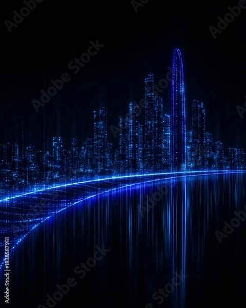 Fototapeta Sleek modern towers rise above tranquil waters shimmering with lines of light and flowing digital motion