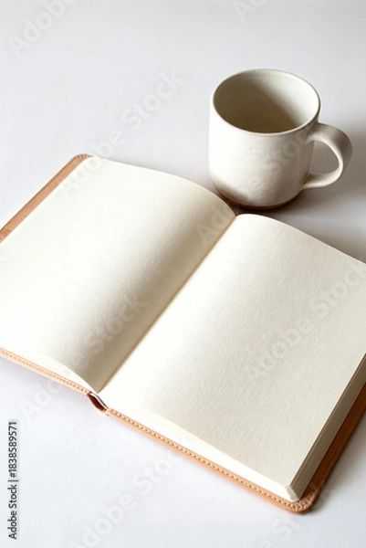 Obraz Blank Notebook and Ceramic Mug on White Surface