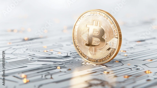 Fototapeta デジタル回路基板の上に立つ金色のビットコイン
