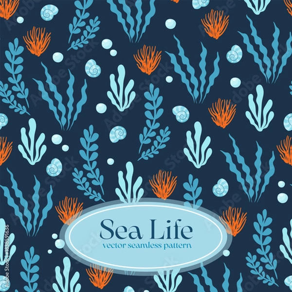 Fototapeta Vector Seamless Pattern of Sea Plants, Seaweeds, Corals, Seashells and Bubbles on a Dark Blue Background. Marine Botanical Underwater print