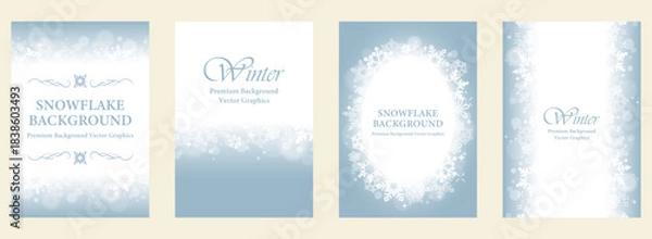 Obraz 雪の結晶が飾る淡いブルーの冬背景フレーム4種セット（スノーフレークデザイン） | ベクター素材 カード コピースペース 