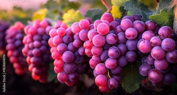 Fototapeta Close-Up of Juicy Grapes on the Vine with Golden Light