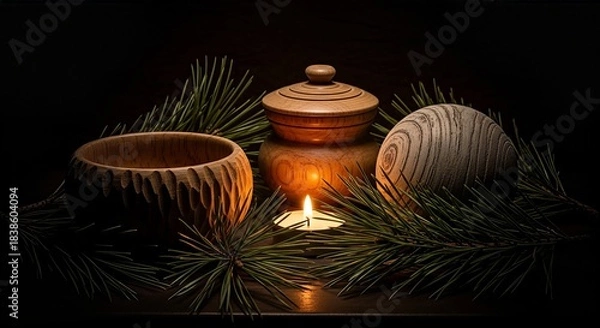 Fototapeta Warm glow of a candle illuminating handcrafted wooden bowls and pine branches on a dark, reflective surface.