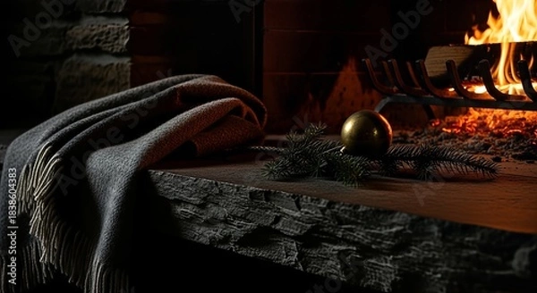 Fototapeta A cozy indoor scene with a warm fire burning in a fireplace, a draped blanket, and festive decorations on a stone mantelpiece.