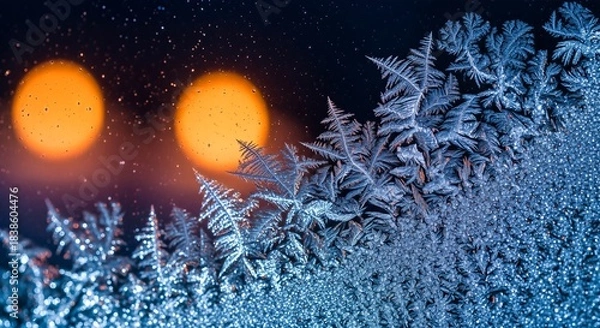 Fototapeta Intricate frost patterns on a window with two blurred warm lights in the background, creating a beautiful winter scene.