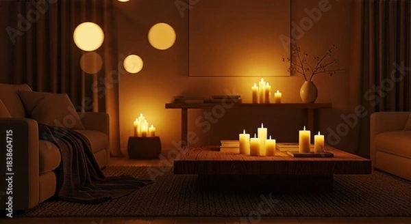 Fototapeta A cozy living room at night, softly lit by numerous glowing candles and warm pendant lights, creating an intimate and relaxing ambiance.