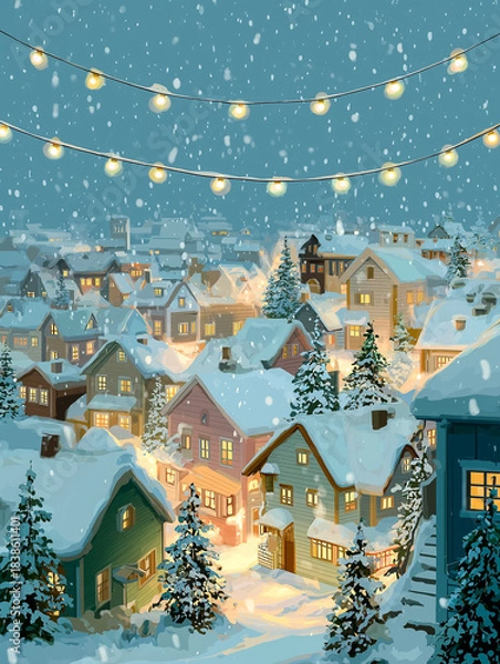 Obraz Festive Winter Village at Night with Warm Glowing Windows and Snowfall