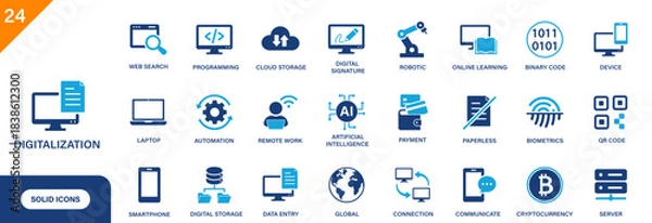 Fototapeta Digitalization icon. Including binary code, online learning, QR code, robotics, digital signature, cryptocurrency. Solid vector icon set.