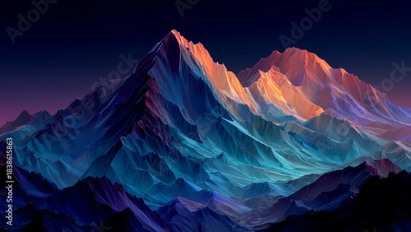 Fototapeta Abstract low poly mountain landscape with colorful gradient lighting at sunset