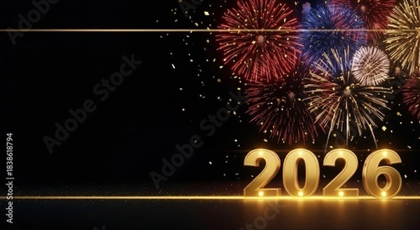 Obraz New Year 2026 Celebration Scene with Fireworks, Golden Numbers, and Confetti on Black Background