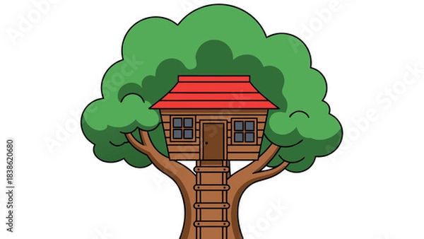 Fototapeta Pixel Art Style Treehouse With Red Roof and Wooden Ladder Set Against a Black Background