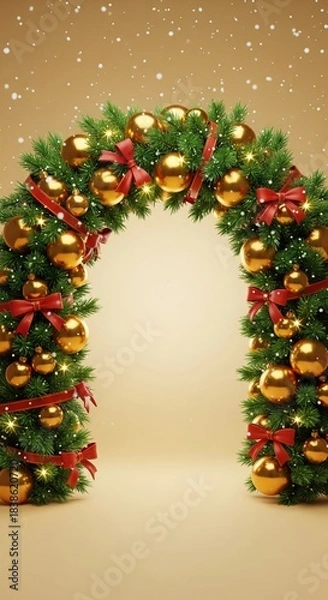 Obraz Christmas Arch Made of Pine Branches, Gold Ornaments, and Red Bows on Golden Background with Snowflakes