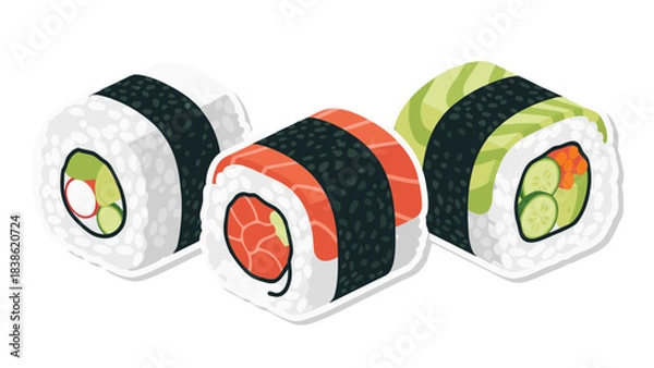 Fototapeta Pixel Art Sushi Rolls Featuring Salmon Avocado and Vegetable Fillings on a Black Background