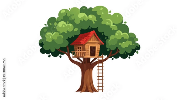 Fototapeta Pixel Art Treehouse With Red Roof Nestled In A Lush Green Tree With A Wooden Ladder Attached On A Black Background Detailed Outdoor Scene