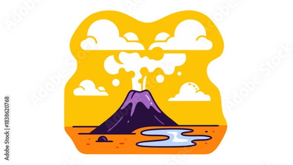 Fototapeta Pixel Art Volcano Erupting Smoke Against a Bright Orange Sky with White Clouds and a Small Pool of Water in the Foreground