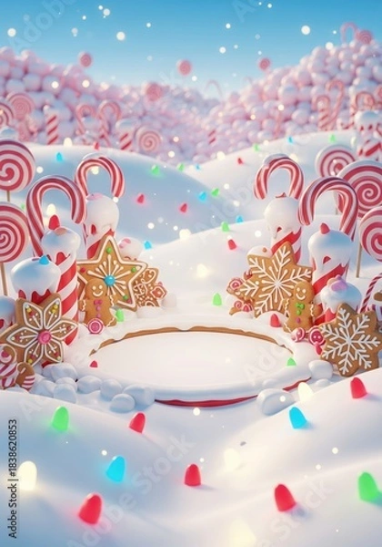 Obraz Candy Land Christmas Scene with Gingerbread Cookies, Lollipops, and Snowy Frosting in Magical Landscape