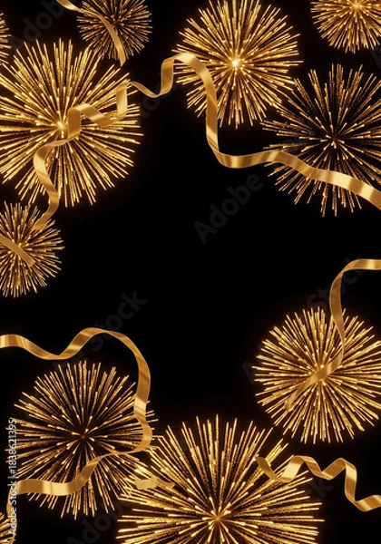Obraz Golden Fireworks and Ribbon Bursts on Black Background for New Year or Festive Celebration Theme