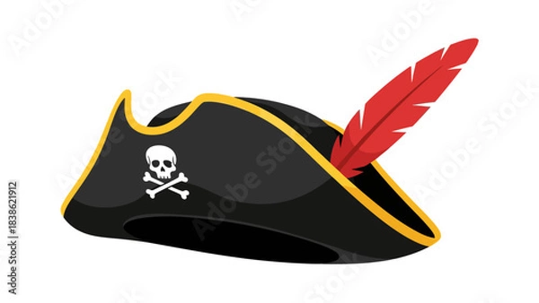 Fototapeta Black tricorn hat with skull and crossbones and red feather