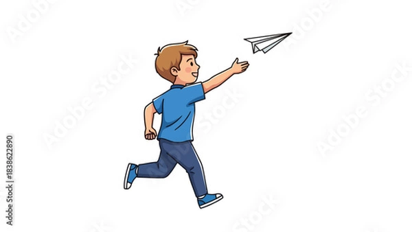 Fototapeta Boy running and throwing a paper airplane against a white background