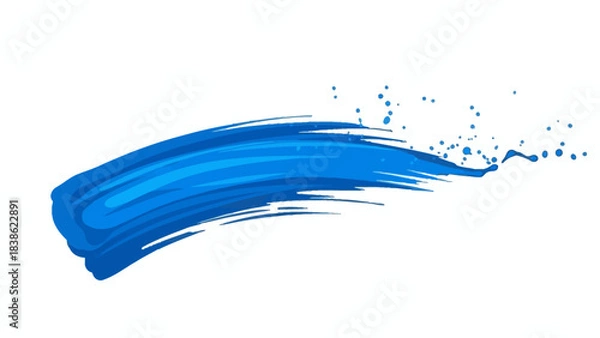 Fototapeta Bright blue horizontal paint stroke with dynamic splatter effects on white background