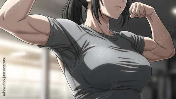 Obraz Fitness Power: A dynamic illustration of a female athlete flexing her arm muscles. This image celebrates strength, determination, and physical prowess. 