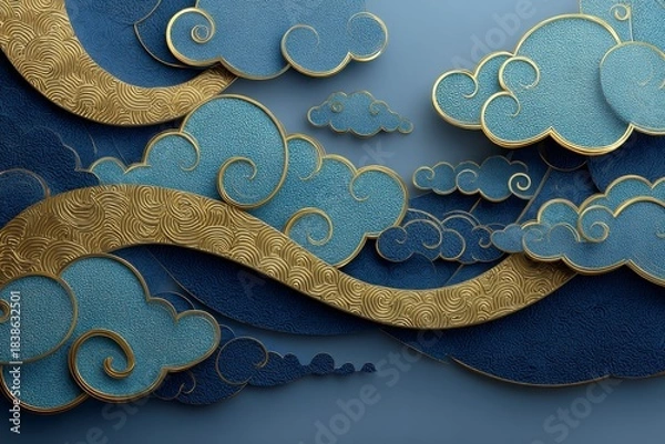 Obraz ペーパークラフト調・和柄「渦雲と波」の背景
