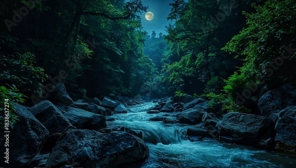 Fototapeta River stream water flow in the night with alot of stone and moonlight over the river