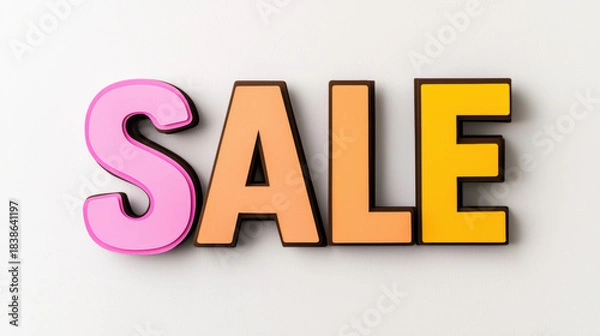 Fototapeta SALE sign in bold colorful letters pink orange yellow cheerful thick card cutout retail promotion bright background