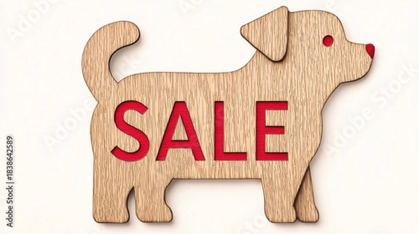 Fototapeta Wooden puppy sign with SALE text, playful design, natural grain, red accent, cheerful, pet shop decor, animal theme