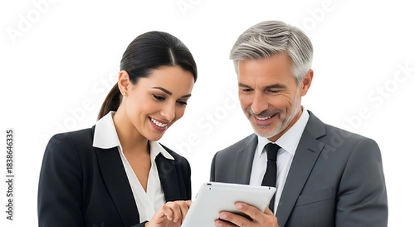Obraz Smiling Businesswoman and Businessman Looking at Tablet Together people technology isolated on a transparent background