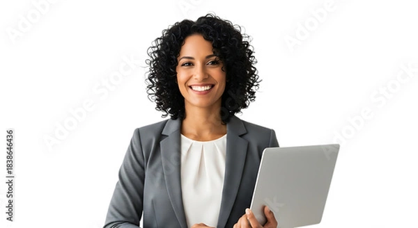 Obraz Smiling Woman with Curly Hair in Gray Blazer Holding Laptop on Transparent Background female business isolated on a transparent background
