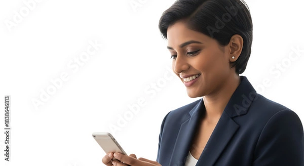 Obraz Woman with short dark hair in a navy suit looking at a smartphone on a white background female business isolated on a transparent background