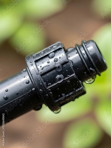 Obraz Black plastic irrigation connector dripping against blurred foliage background