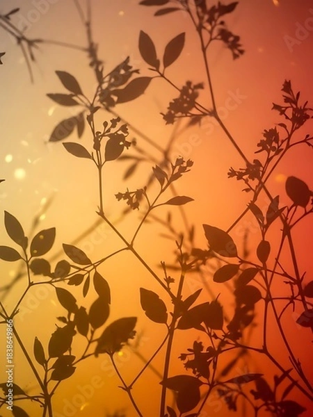 Obraz Botanical Shadows with Warm Gradient Background, Silhouette Leafy Pattern