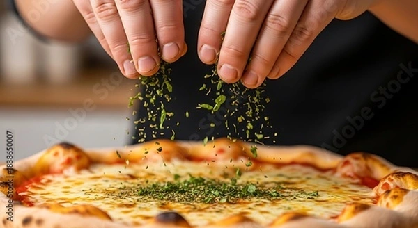 Obraz Chef adding fresh herbs to a hot pizza ready to be served to customers