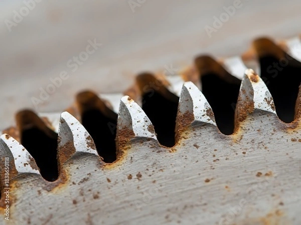 Obraz Close-up on weathered, industrial gear with rust and visible degradation