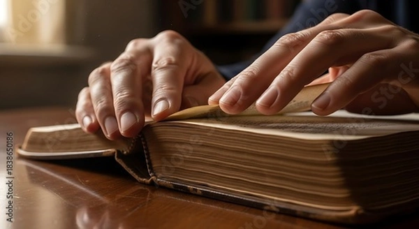 Obraz Close-up view of a person's hands turning the pages of an aged and thick book, suggestive of study and exploration