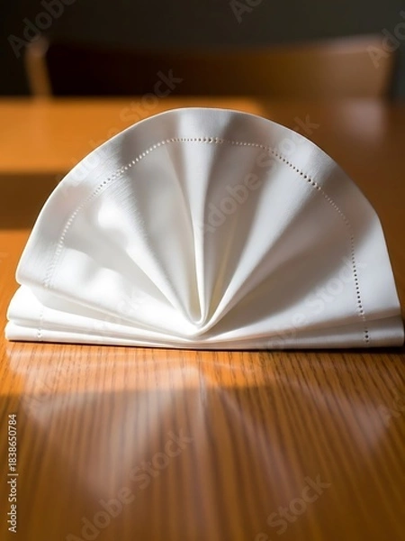 Obraz Elegant folded white linen napkin on wooden table with sun light reflections