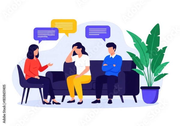 Fototapeta Group therapy session with people talking and a therapist isolated on transparent background