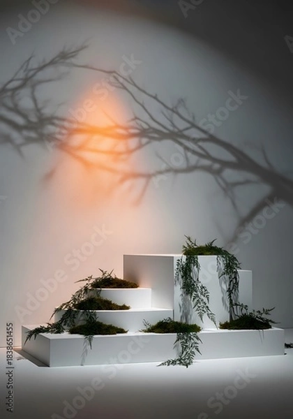 Obraz Minimalist presentation platform with nature-inspired accents and ethereal lighting showcasing shadow play