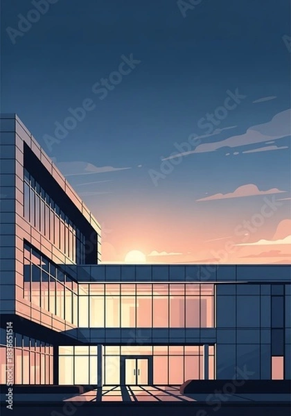 Obraz Modern Office Building at Sunset with Geometric Design and Sky Reflections