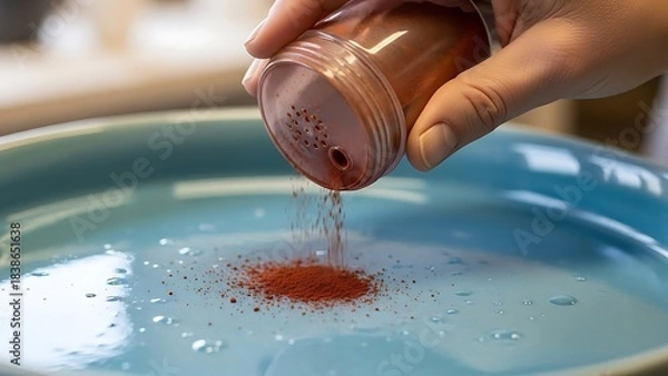 Obraz Pouring rich red pigment onto a light blue palette for artistic creation