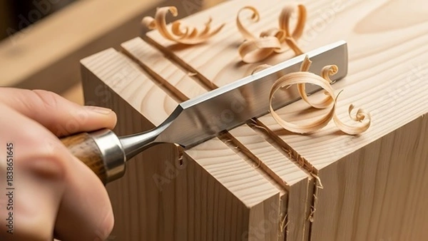 Obraz Precision woodworking with chisel creating delicate wood shavings close-up
