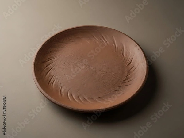 Obraz Rustic earthenware plate with artisanal details, neutral brown backdrop