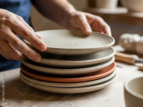 Obraz Stack of handcrafted ceramic plates in pottery workshop for sale