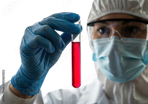 Fototapeta Scientist holding a red liquid in a test tube isolated on transparent background